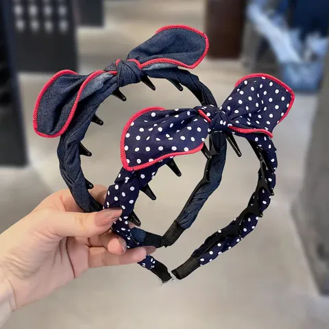 Cerchietto Fiocco Stile Coreano Retrò Motivi Quadretti Pois Denim Tessuto Denti Antiscivolo per Donna Accessorio Capelli