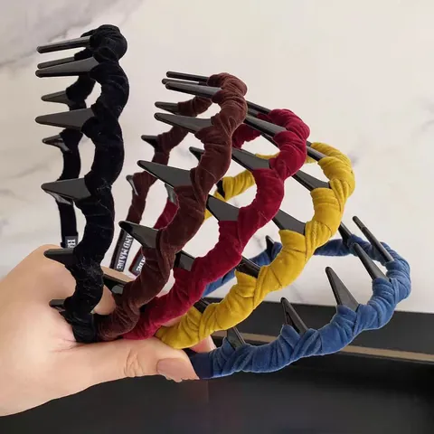 Cerchietto per Capelli da Donna in Velluto Plissettato a Onde Antiscivolo Con Denti Accessorio Moda Tinta Unita