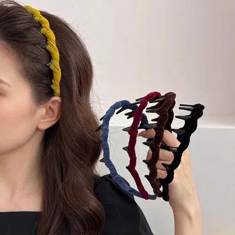 Cerchietto per Capelli da Donna in Velluto Plissettato a Onde Antiscivolo Con Denti Accessorio Moda Tinta Unita