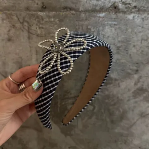 Vintage Plaid Padded Headband With 3D Artificial Pearl Crystal Flower Wide Hair Hoop For Women Fashion High Cranial Top Hair Accessories