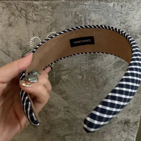 Vintage Plaid Padded Headband With 3D Artificial Pearl Crystal Flower Wide Hair Hoop For Women Fashion High Cranial Top Hair Accessories