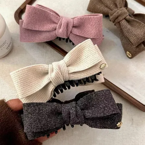 Elegant Tweed Bow Hair Claw Banana Clip Autumn Winter Large Accessory For Women Ponytail Styling Hair Clip With Gold Decor