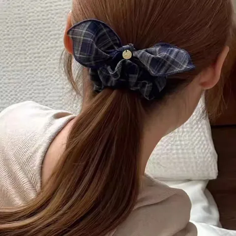Coletero Retro de Cuadros Con Lazo para Mujer Niñas Scrunchie Vintage Diseño de Rejilla Con Etiqueta de Metal Tela Elástica Accesorios para el Cabello