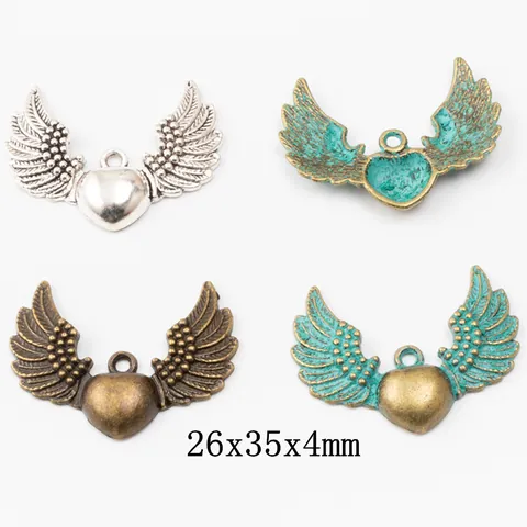 Vintage Zinc Alloy Heart Wings Pendant Charms Antique Bronze Silver Green Metal Jewelry Making Findings Heart Angel Wings Accessories