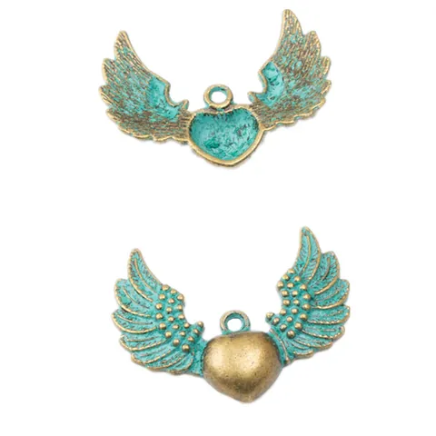Vintage Zinc Alloy Heart Wings Pendant Charms Antique Bronze Silver Green Metal Jewelry Making Findings Heart Angel Wings Accessories