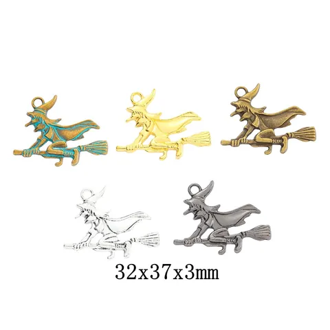 Vintage Alloy Witch Riding Broomstick Pendants For Halloween DIY Jewelry Making Findings Charms For Necklace Earrings