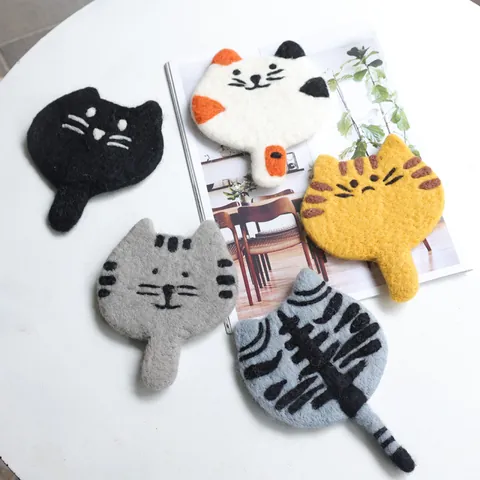 Cute Handmade Wool Felt Cat Coaster Animal Shaped Table Mat Japanese Korean Style Heat Resistant Cup Pad Home Decor Gift