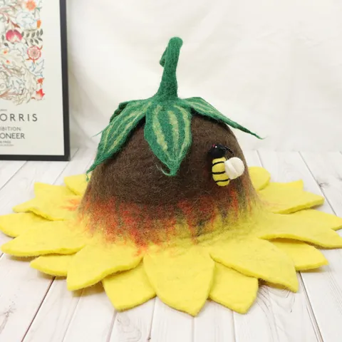 Handmade Sunflower Wool Felt Hat For Women Winter Warm Wide Brim Creative Novelty Hat With Bee Decor Cute Mori Style