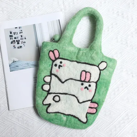 Handmade Wool Felt Cartoon Rabbit Tote Bag Cute Animal Small Handbag For Women Girls Mori Style Phone Bag