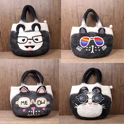 Süße Cartoon Katze Panda Wollfilz Handtasche Mori Stil Große Tote Laptop Tasche Für Damen Stickerei Casual Pendler Reisetasche