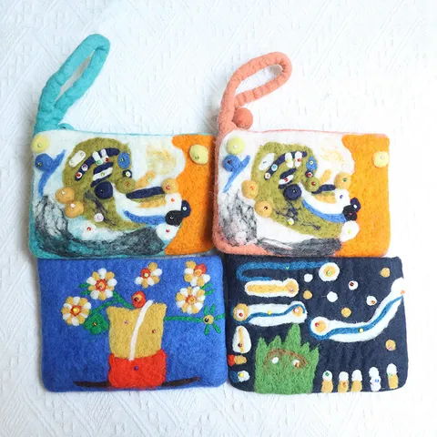 Handmade Wool Felt Flower Coin Purse Artistic Abstract Starry Sky Pattern Mobile Phone Bag Mori Style Handbag With Strap Women Jewelry Storage Pouch Gift