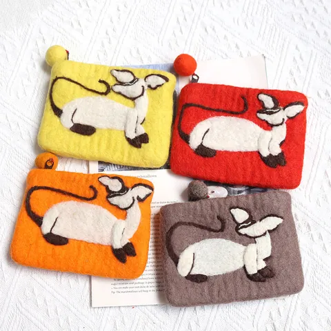 Handmade Wool Felt Cat Coin Purse Personalised Literary Style Embroidered Small Zipper Wallet For Women Card Holder Pouch