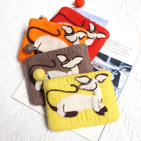 Handmade Wool Felt Cat Coin Purse Personalised Literary Style Embroidered Small Zipper Wallet For Women Card Holder Pouch