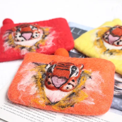 Handmade Wool Felt 3D Tiger Head Coin Purse Cute Animal Zipper Mini Pouch Card Holder For Kids And Women Daily Use Bag