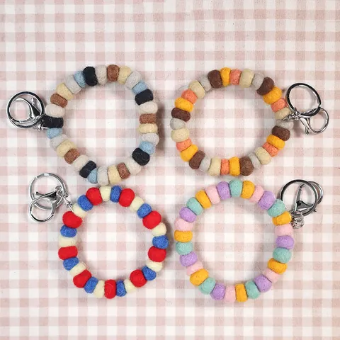 Handmade Wool Felt Ball Keychain Wristlet For Women Bag Hanging Ornament Soft Decorative Padded Wrist Strap Key Ring Gift