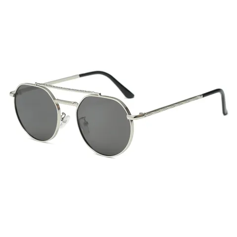 Retro Double Bridge Metal Sunglasses Geometric Round PC Lens UV400 Engraved Texture Frame Trendy Sun Glasses For Men Women