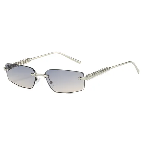 Lunettes de Soleil Rectangulaires sans Monture Rétro Femmes Hommes Punk Clous Monture en Métal Carré Extérieur UV400 Hip Hop