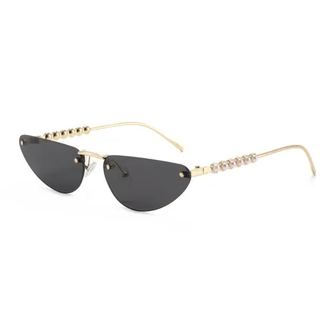 Rimless Cat Eye Sunglasses For Women Trendy Metal Frame Pearl Embellished Temples UV400 Protection Eyewear Party Daily