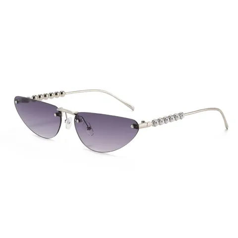 Rimless Cat Eye Sunglasses For Women Trendy Metal Frame Pearl Embellished Temples UV400 Protection Eyewear Party Daily