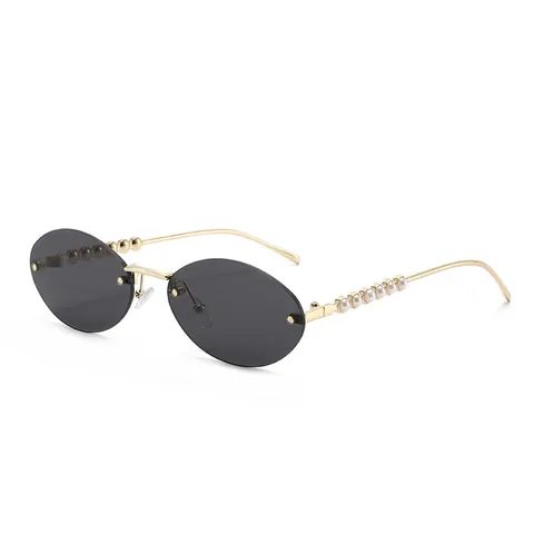 Women Fashion Rimless Oval Sunglasses With Pearl Decoration Vintage Alloy Metal Frame UV Protection Sun Glasses For Outdoor Travel