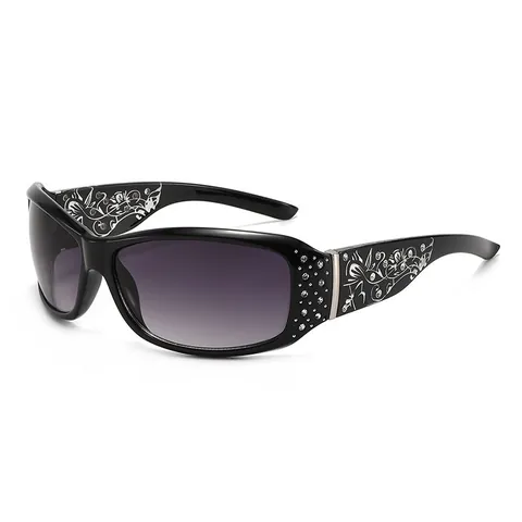 Fashion Women Oversized Square Sunglasses Rhinestone Floral Print Legs Gradient Lenses UV400 Protection PC Frame Stylish Sun Glasses