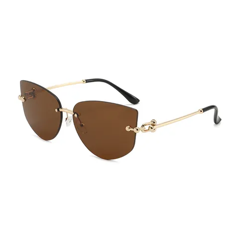 Dames Mode Randloze Cat Eye Zonnebril Oversized Polygonale Zonnebril Metalen Frame UV400 Ketting Ontwerp Outdoor Brillen
