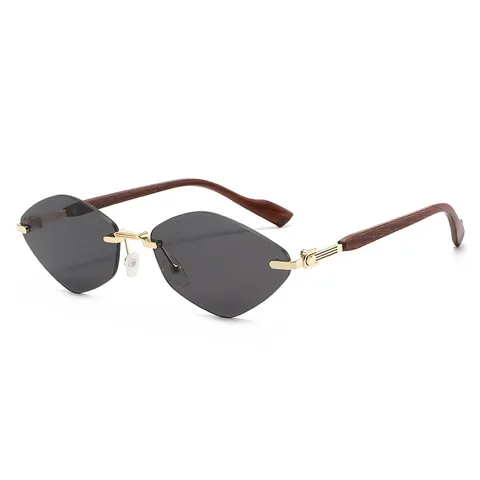 Retro Rimless Diamond Cut Sunglasses For Men Women Fashion Geometric Faceted Wood Grain Temple Gold Metal UV400 Sun Glasses