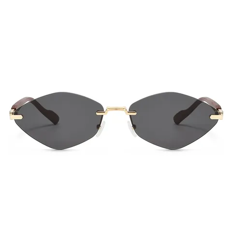 Retro Rimless Diamond Cut Sunglasses For Men Women Fashion Geometric Faceted Wood Grain Temple Gold Metal UV400 Sun Glasses