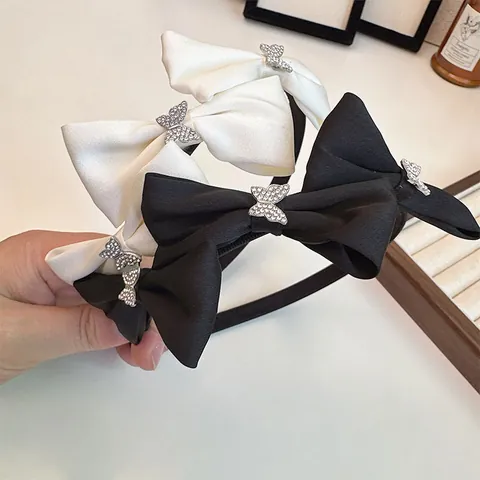 Diadema Elegante de Satén con Lazo y Mariposa de Diamantes de Imitación Estilo Francés Banda para el Cabello para Mujer Accesorios