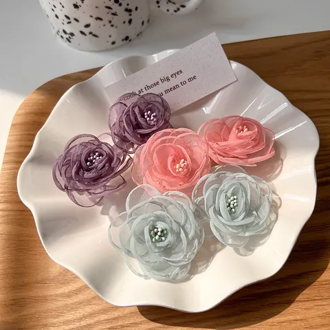 Pince à Cheveux Fleur en Maille Camélia Style Coréen Femme Élégante Fait Main Floral 3D Gaze Pince à Ressort Accessoire Doux