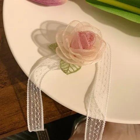French Vintage Pink Rose Mesh Lace Ribbon Choker For Women Sweet Botanical Floral Hair Band Wedding Party DIY Accessories
