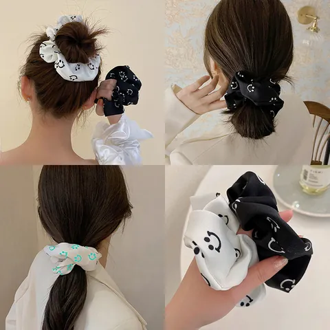 French Style Satin Hair Scrunchie With Smiley Face Pattern Elegant Elastic Ponytail Holder For Women Fashion Hair Accessories