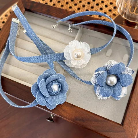 Vintage Denim Flower Choker Necklace With Artificial Pearl Lace Floral Women Neck Strap Sweet Denim Fabric Clavicle Chain Jewelry