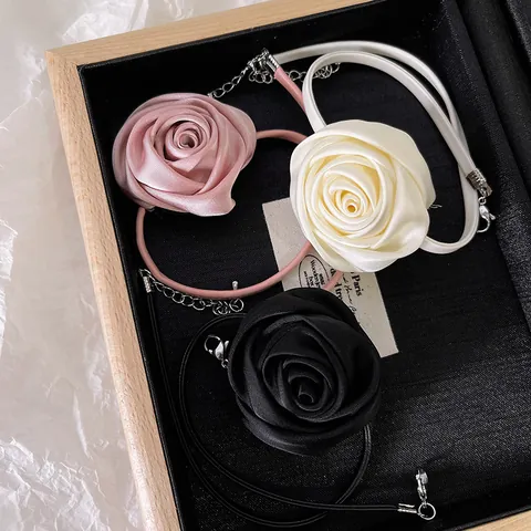 French Vintage Satin Rose Flower Choker Necklace For Women Elegant Fabric Ribbon Tie Up Neck Chain Party Jewelry Gift