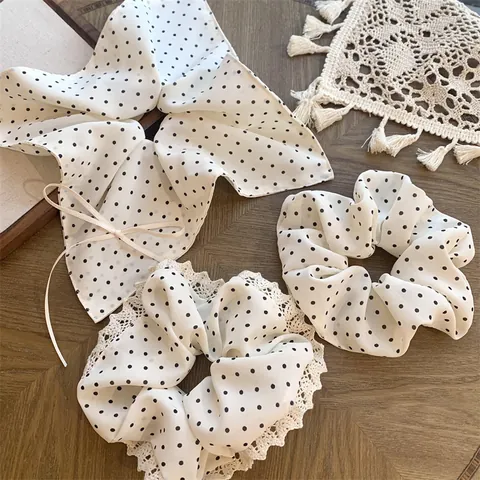 Vintage Polka Dot Hair Scrunchies For Women Elegant Chiffon Fabric Bow Ribbon Ponytail Holder Sweet Pleated Hair Ties Fashion Headwear Accessories