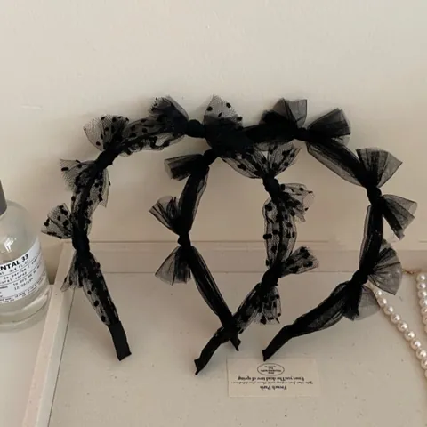 Korean Style Black Mesh Bow Headband For Women Sweet Polka Dot Lace Tulle Hair Hoop Vintage Party Hair Decoration Accessories