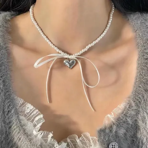Elegant Faux Artificial Pearl Necklace With Satin Ribbon Bowknot Silver Metal Heart Pendant Choker For Women Sweet Coquette Jewelry