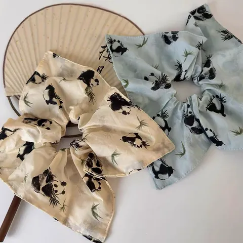 Chinese National Tide Panda Bamboo Leaf Satin Scrunchies Ink Painting Water Color Large Hair Ties For Women Hair Accessories