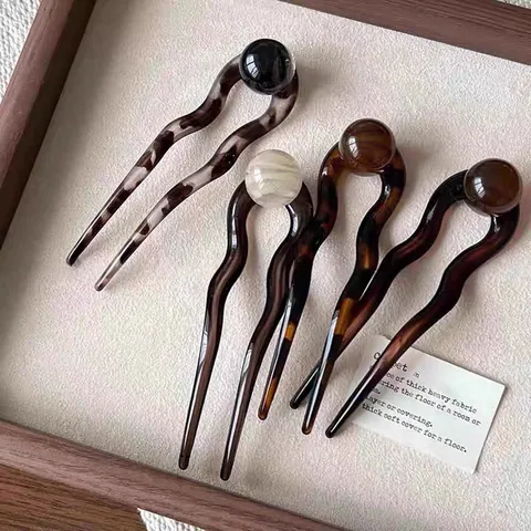 Forcina per Capelli a U in Resina Acetata Vintage Stile Neo-Cinese Tartarugata Con Perla Artificial per Donna