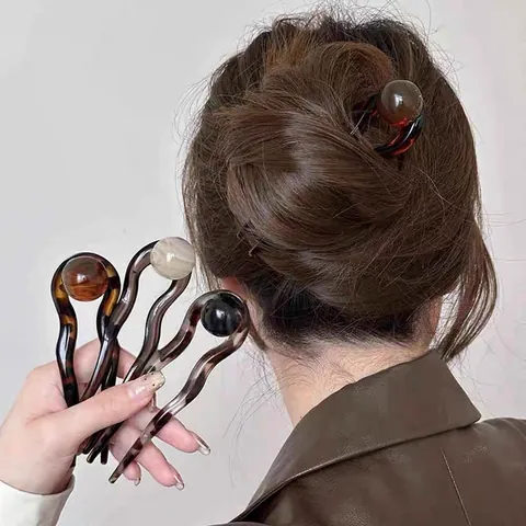 Forcina per Capelli a U in Resina Acetata Vintage Stile Neo-Cinese Tartarugata Con Perla Artificial per Donna