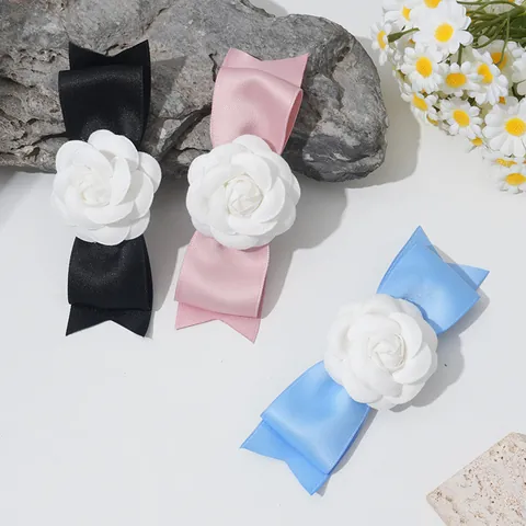 Pince à Cheveux Élégante à Nœud Camélia Style Français en Ruban de Satin Pour Femme Douce Pince Croco Accessoire Cheveux
