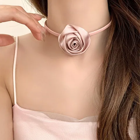 French Vintage Satin Rose Flower Choker Necklace For Women Elegant Fabric Ribbon Tie Up Neck Chain Party Jewelry Gift