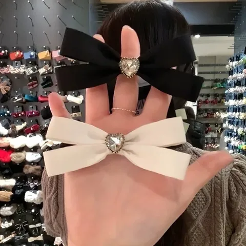 Elastico per Capelli con Fiocco in Raso Dolce con Strass a Cuore Stile Coreano Elegante Scrunchie per Capelli alla Moda