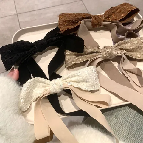 French Retro Large Bow Hair Clip With Long Streamer Elegant Lace Satin Spring Clip Hair Accessories For Women Ponytail Decoration