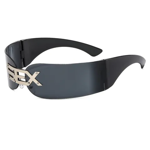 One Piece Rimless Sunglasses UV400 Punk Oversized Shield Eyewear With Metal Letter Decoration For Men Women