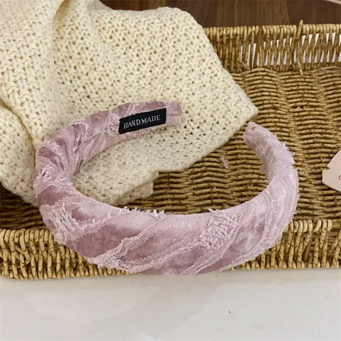 Women Lace Sponge Headband High Top Padded Hair Hoop Handmade Pleated Plaid Hairband Sweet Korean Style Hair Accessories
