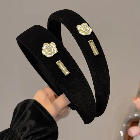 Vintage Black Velvet Padded Camellia Headband With Pearl Gold Label Elegant Korean Hair Band Women Hair Accessories