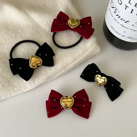 Vintage Velvet Bow Hair Clip Heart Metal Buckle For Women Sweet Elegant Burgundy Black Bowknot Hair Tie Accessories