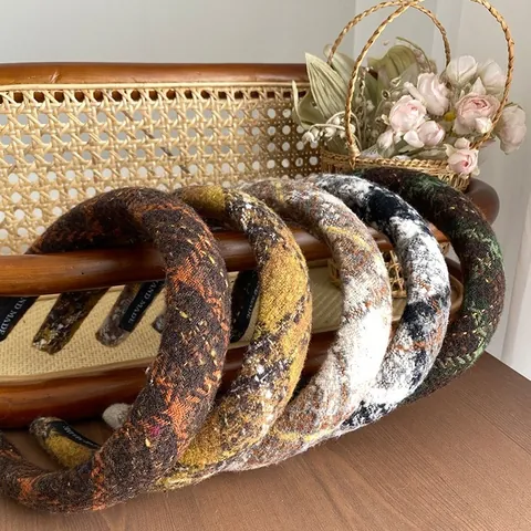 Serre-tête Rembourré en Tweed Vintage Coréen pour Femmes Automne Hiver Épais Bandeau à Carreaux Fait à la Main Accessoires de Cheveux