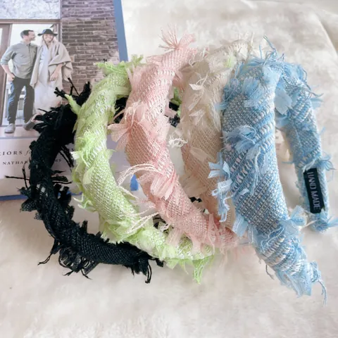 Vintage Korean Tweed Plaid Padded Headband Women Girls Fringed Edge Sponge Hair Hoop Elegant Handmade Winter Hair Accessories